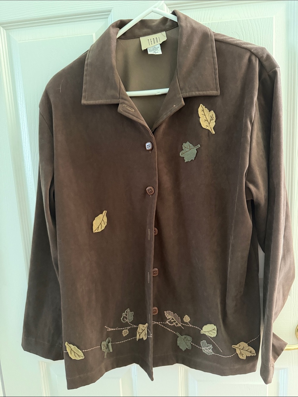 Teddi Chocolate Brown Suede-Look Jacket with Leaf Appliqués